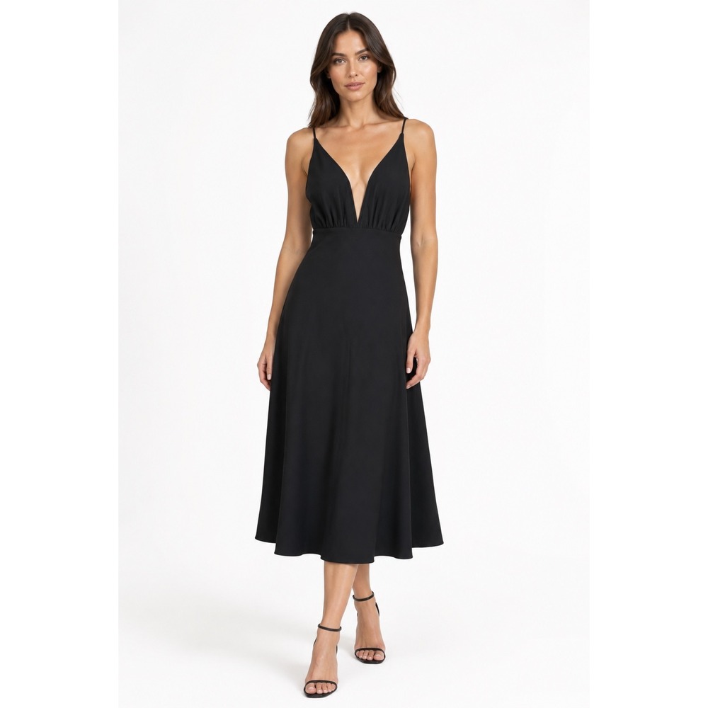 Rue Sophie Liana Plunging V-Neck Tea Length Dress Black NWT Small $248